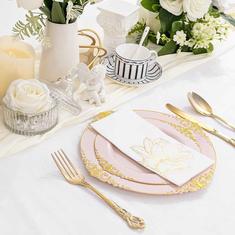Joyido 50 Pack Gold Magnolia Napkins - Gold Floral Disposable Napkins - Cloth-Like Feel Dinner Paper - Vintage Heavy Duty Hand Towels for Bathroom Wedding Holiday Party Bridal Decorative Towels - Image 4